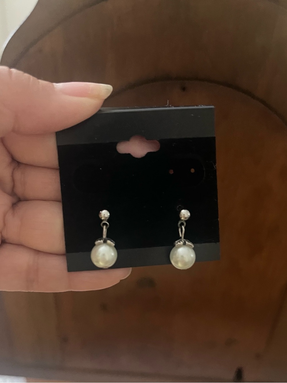 Silver-Tone Faux Pearl Dangle Earrings with Ornate Floral Caps